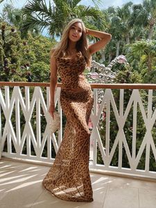 Vestidos casuales básicos 2023 Sexy correa de espagueti leopardo vestido largo vestido de playa ropa de verano para mujeres usar traje de baño cubrir A1224 230629