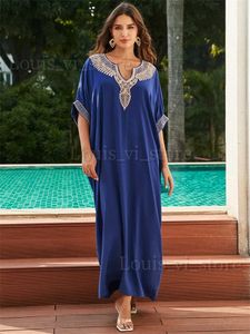 Robes décontractées de base Bleu Mode Femmes Chic Brodé Caftan Robe Longue Pour Femmes 2024 Été Peignoir Plage Porter Moo Robes Tenue Q1622 T240227