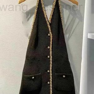 Robes décontractées de base Designer Miu Black Heavy Industry Nail Bead Set Diamond Robe avec dossier ouvert Senture sexy jupe de cou suspendue