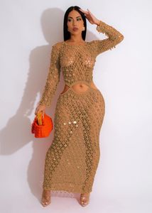 Vestidos casuales básicos Dutrieux Crochet Round Sequin Stitching Mini Dress Women Sexy Hollow Hollow Long Suneve Skinny Party Bodycon Tending Outfits Vestido 230811