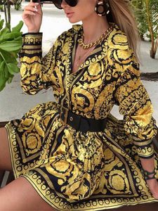 Robes décontractées de base Robe chemise imprimée élégante femmes Vintage robe de soirée à manches longues Mini robes d'automne courtes Streetwear vêtements d'hiver femmes T230825