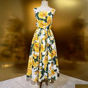 Vestidos casuales básicos Marca de moda europea Algodón Amarillo Floral Impreso Cintura reunida Slip Midii Vestido Drop Entrega Ropa para mujer Dhofl