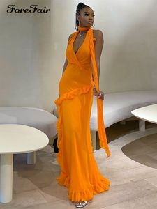 Robes décontractées de base Forefair Halter Dos nu Maxi Dress Summer Orange Ruffle 2023 Y2K Sexy Off Shoulder Club Women Holiday Beach Outfits Party 230707