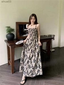 Vestidos informales básicos Vestido de encaje con estampado de rosas francesas para mujer Verano Otoño Nuevo diseño Sentido Cintura alta Envuelto Correa elegante Vestidos largos Baratos al por mayorL2403