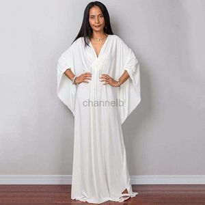 Robes décontractées de base Greek Greek White Long Robe Stuning Color Couleur Black Kaftan High Taist Batwing Sleeve Maxi Robes pour femmes élégantes 240419