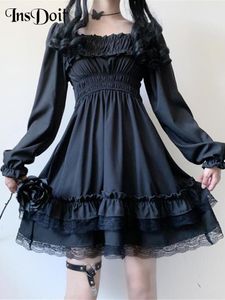 Vestidos casuales básicos InsDoit Lolita Gothic Black Corset Dress Mujeres Vintage Lace Patchwork Fruncido Estética Cintura alta Vestido Punk Party A-LINE Vestido 230614