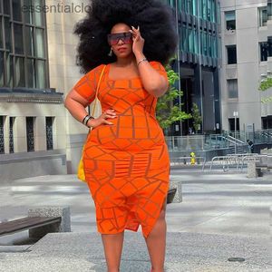 Robes décontractées de base grande taille femmes vêtements été 2021 vente en gros robe mi-longue orange motif à carreaux à manches courtes décontracté robe de grande taille livraison directe L230918