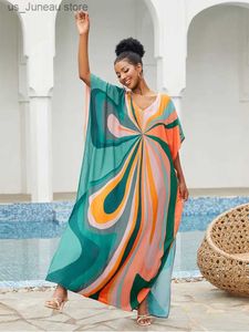 Robes décontractées de base Multicolore imprimées à la mode V-colme en V Batwing Slve Kaftan Robe 2024 Femme Salon d'été autour des robes maxi surdimensionnées Q1546 T240412