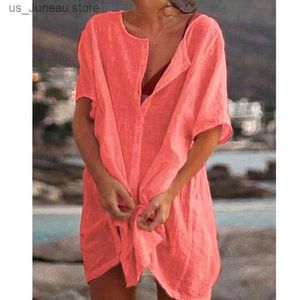 Robes décontractées de base Qisin Hot 2023 Coton Tunics For Beach Women Massuit Couvre-Up Femme Swimwear Beach Cover up Beachwear Mini robe Sai de Praia 1 T240415