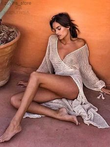 Robes décontractées de base sexy voir à travers manches à manches longues en maille blanche crochet 2024 Womens Beach Maxi Robe Sheat Solid Slim Sling Robes Femme D12 L49