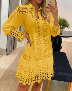 Vestidos casuales básicos Camisa Dresse para mujeres 2023 Verano Hollow Out Floral Color sólido Moda Casual Sexy Guipure Lace Patch Mini vestido Y2K Ropa T240221