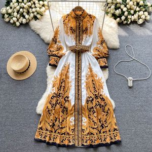 Robes décontractées basiques été nouvelle mode Western Court rétro A-ligne Maxi robe femmes à manches longues imprimé mince simple boutonnage fête Vestidos 2023