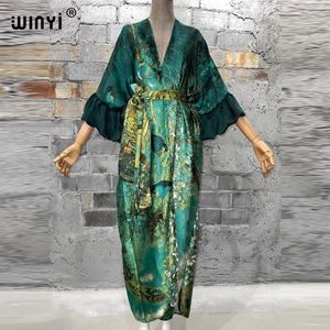 Robes décontractées basiques WINYI Fashion print Self Belted dress Femmes Élégant Summer holiday Bubble sleeve cardigan beach Wear Swim Suit cover up kimono 230719