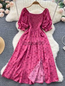 Robes décontractées de base YuooMuoo Expédition rapide Femmes Robe Mode Romantique Imprimé Floral Split Longue Robe D'été Manches Bouffantes Partie Coréenne Vestidos J2308009