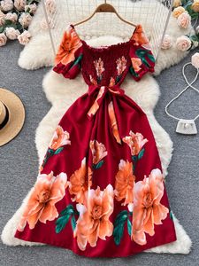 Robes décontractées basiques YuooMuoo Limited Grandes ventes Femmes Robe Vintage Imprimer Fleurs Sash Bandage Long Été Élégant Y2K Fête Coréenne Robe 230619