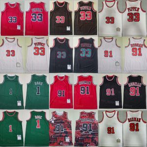 Rétro Basketball Throwback Dennis Rodman Jersey 91 Scottie Pippen 33 Vintage Team Rouge Blanc Rayure Noir Point Bonne Qualité Retraite Pour Les Fans De Sport Respirant