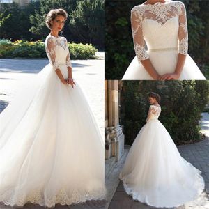 Bateau 3/4 mangas largas perlas tul princesa vestidos de novia baratos de talla grande país Vintage encaje Millanova 2020 vestidos de novia