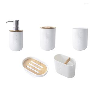 Ensemble d'accessoires de bain 5 pièces bambou salle de bain porte-brosse de toilette brosse à dents tasse en verre distributeur de savon accessoires de vaisselle