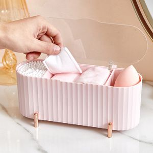 Juego de accesorios de baño Caja de almacenamiento de cosméticos de escritorio Organizador de maquillaje a prueba de polvo para almohadillas de algodón Hisopos Soporte para huevos de belleza Joyería de baño 230418