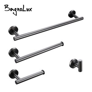 Bath Accessory Set Stainless Steel Bathroom Accessories Hardware Set Towel Rack Toilet Roll Paper Holder Bar Hanger Hook Brushed Gunmetal Grey 230919