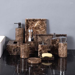 Juego de accesorios de baño Venta al por mayor Emperador personalizado Baño de piedra de mármol natural oscuro Soporte para cepillo de dientes de color marrón oscuro Kit dispensador de jabonera