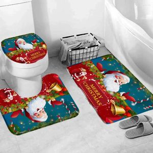 Baignoires Mattes de salle de bain Chauffage de salle de bain Set Santa's Gift Green Pine Bells Happy Year Mat Toilet