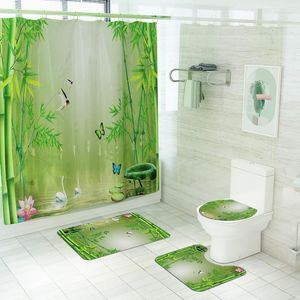 Alfombras de baño de baño pastoral alfombras de baño impresas y cortina de ducha impermeable 4pcs de alfombra de baño