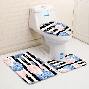 Mattes de bain Ensemble de 3 fleurs tapis de salle de bain printemps fleur rose Black Blanc Stripes blancs Low Pile Memoron Mousse de mousse Couvrette de toilette