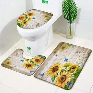Tapis de bain Tapis de salle de bain tournesol Set papillon panneau en bois rustique tapis antidérapant couverture de toilette accessoires décor