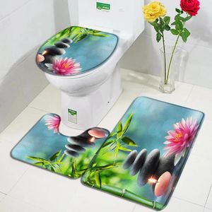 Baignoire tapis zen ensemble Bamboo Bamboo Black Stone Pink Pink Lotus Spa Garden Scener Home Bathroom Decor Tapis de toilette Tobine de toilette