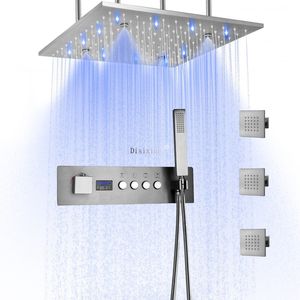 Juego de grifo de cabezal de ducha LED termostático montado en el techo de 4 funciones para baño, juego de niebla de lluvia de 16 pulgadas con pantalla Digital LED
