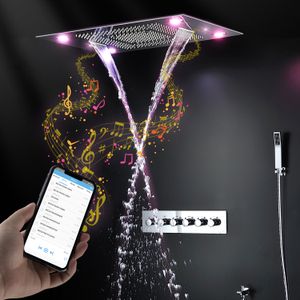 Accessori per il bagno Bluetooth Riproduzione di musica Set doccia Soffione a LED Soffione doccia grande Pannello Miscelatore termostatico nero Fauctes