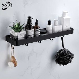 Estante negro para baño con barra de toalla, estantes de aluminio, gancho para estante, soporte para champú, almacenamiento de cocina, 30-60 cm 211102