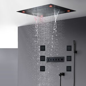 Conjunto de ducha negra para baño Grifos termostáticos de lujo Moderno LED grande Cascada de techo Cabezal de ducha de lluvia 600x800mm + chorros de masaje corporal