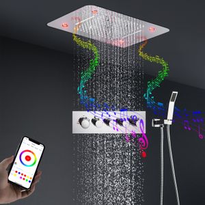 Baño Música LED Sistema de ducha 580 * 380MM Masaje Niebla Cascada Ducha Cabeza Lluvia de lujo Grifos termostáticos Mezclador oculto montado en la pared