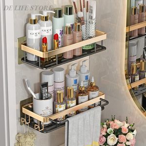 Bathroom Shelves Luxury Bathroom Shelves Without Drilling RustProof Aluminum Shower Wall Shelf Shampoo Towel Holder Bathroom Organizer Accessorie 230717