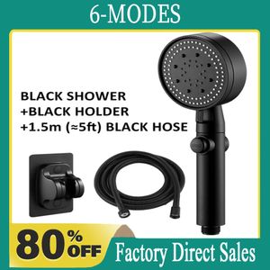 Bathroom Shower Heads Head Water Saving Black 6 Mode Adjustable High Pressure One key Stop Massage Eco Accessories 230520