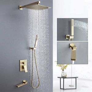 Bathroom Shower Sets Concealed Brushed Gold Shower Set Bathroom Hidden 3 Way Faucet Shower System Set Wall Mounted Bathtub Rain Shower Mixer Tap Set G230525