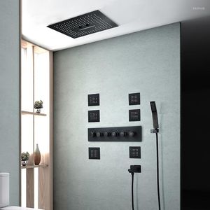 Conjuntos de ducha de baño Sistemas de lujo Cabezales de ducha de lluvia de 16 pulgadas Grifos Cascada Juego de LED Mezclador termostático de baño Negro mate