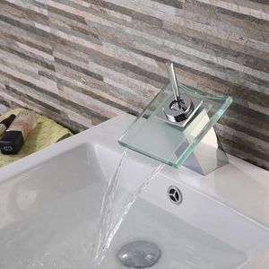 Robinets d'évier de salle de bains, robinet de lavabo carré en verre cascade lavabo sans plomb santé en laiton et robinets froids