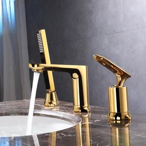 Grifos para lavabo de baño, lavabo, latón dorado, 3 orificios, grifo para bañera, ducha, baño y grifos mezcladores de agua fría