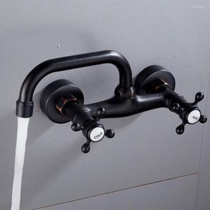 Robinets d'évier de salle de bains en Bronze noir dans le mur, poignée à Double trou, lavabo de cuisine et robinet d'eau froide rotatif