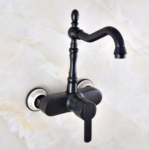 Grifos de lavabo de baño, grifo de cocina de bronce frotado con aceite negro, grifo mezclador, caño giratorio, montado en la pared, manija única Mnf876