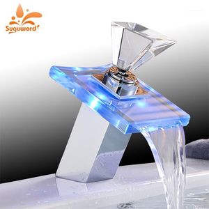 Robinets de lavabo de salle de bain Robinet de lavabo cascade en verre LED Mitigeur de vanité carré Finition chromée Tap1