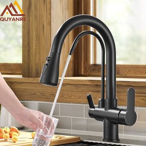 Bathroom Sink Faucets Quyanre Matte Black Filtered Crane For Kitchen Pull Out Spray 360 Rotation Water Filter Tap Three Ways Mixer Faucet 230616