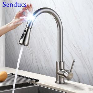 Grifos de fregadero de baño Grifo de cocina táctil inteligente Senducs grifo mezclador extraíble cepillado Sensor automático grifos de agua de latón