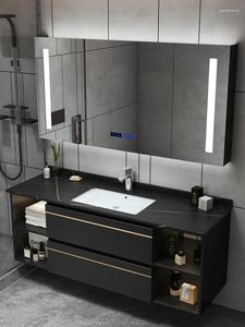 Robinets d'évier de salle de bains, plaque de pierre, armoire en bois massif, lavabo, combinaison de lavabo, miroir intelligent