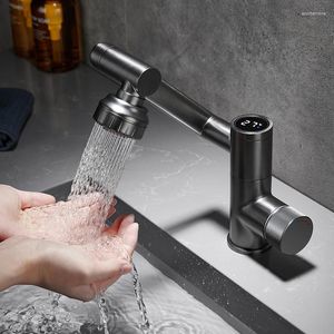 Grifos de lavabo de baño estilo universal giratorio robot brazo lavabo grifos de agua latón termostático con pantalla de temperatura LED