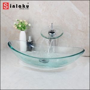 Robinets de lavabo de salle de bain en verre trempé du bassin de salle de bain ovale Vanité du récipient de lavabo transparent mélangeur en laiton robinet de robinet avec drain