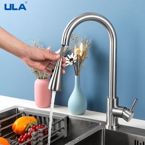 Bathroom Sink Faucets ULA Black Brushed Kitchen Faucet Pull Out Spout Mixer Tap Stream Sprayer Head 360 Rotation Torneira 230617